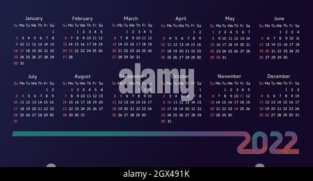Kalender 2022 kreative farbige Linien Design. Vektor-Illustration Kalender mit Woche Start Sonntag Corporate Planner Vorlage auf dunkelblauem Hintergrund Stock Vektor