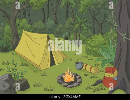 Dschungel camping regen Wald Grafik Farbe Landschaft Skizze Illustration Vektor Stock Vektor