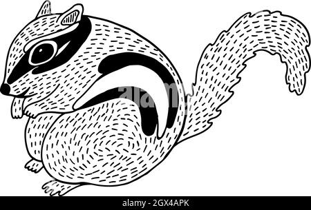 Cute Chipmunk - Linie Illustration. Schwarz-weiße Nagetier-Skizze. Freihand Zeichnung von Waldtier. Gnawer Doodle Art. Vektorgrafik. Stock Vektor