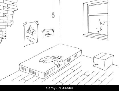 Schlechte Raumgrafik schwarz weiß leer Haus Innenraum Skizze Illustration Vektor Stock Vektor