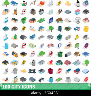 100 Symbole Stadtset, isometrischen 3d Stil Stock Vektor