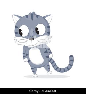 Lustige Kätzchen Vektor. Niedliche Cartoon graue Katze. Flauschiger, geschwollene Haustiercharakter. Stock Vektor