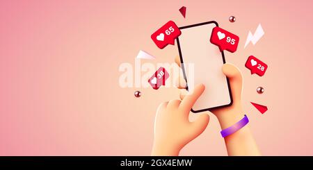 Niedliche 3D-Cartoon-Hand hält Handy mit Likes Benachrichtigungssymbole. Social Media und Marketing Konzept. Vektorgrafik Stock Vektor