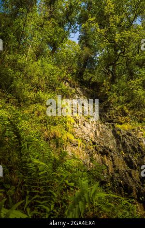 Klippenwand neben Sqwd yr Eira Stockfoto