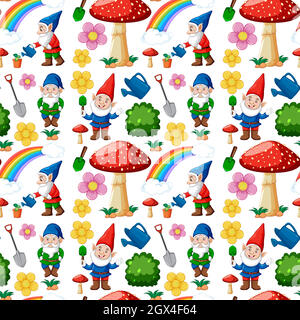 Nahtlose Gnome und Garten-Ikone mit Regenbogen im Cartoon-Stil Stock Vektor