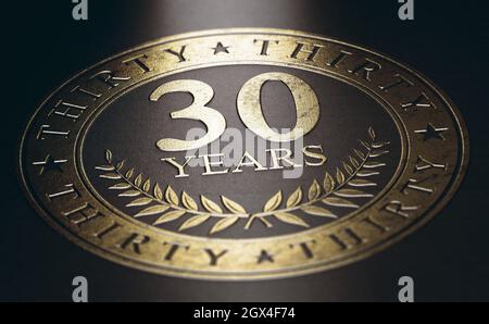 Goldene Markierung auf schwarzem Hintergrund mit dem Text 30 Jahre. Konzept für eine Ankündigung zum 30-jährigen Jubiläum. 3D-Illustration. Stockfoto