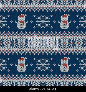 Nahtloses Strickmuster mit Schneemann, Schneeflocken und skandinavischem Ornament. Pullover Hintergrund für Weihnachten, Neujahr oder Winter-Design. Vektor Stock Vektor