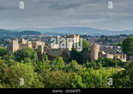 Ludlow Castle und die Skyline von Ludlow von Whitcliffe Common, Ludlow, Shropshire aus gesehen Stockfoto