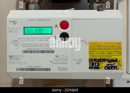 Energy Smart Meter zur Überwachung des Gasverbrauchs zu Hause, England, Großbritannien Stockfoto