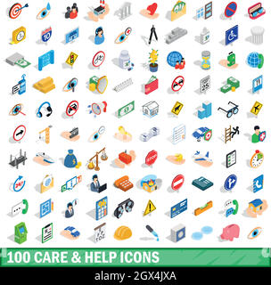 100 Pflege und Hilfe Icons Set, isometrischen 3d Stil Stock Vektor