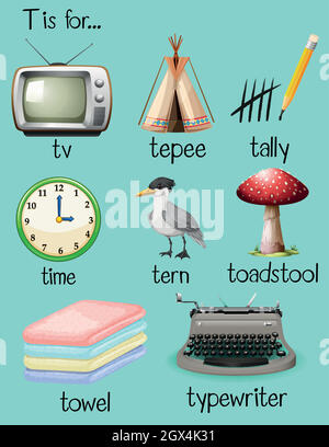 Viele Wörter beginnen mit dem Buchstaben T Stock Vektor