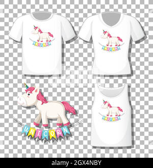 Niedliche Einhorn Cartoon-Figur mit einer Reihe von verschiedenen Shirts auf transparentem Hintergrund isoliert Stock Vektor