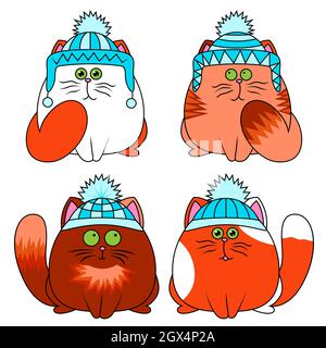 Vier amüsante verschiedene Cartoon-Katzen im Winterhut isoliert auf weißem Hintergrund, Farbbild von Haustieren Stock Vektor