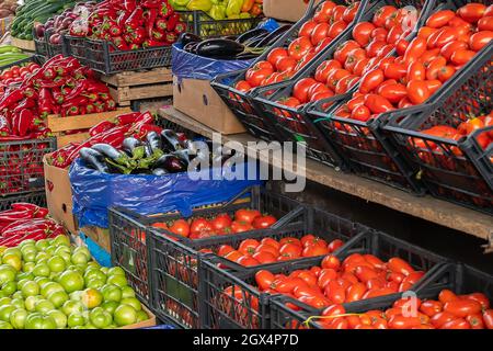 Aus der Nähe gibt es viele verschiedene Gemüse auf dem Markt. Tomaten, Paprika, Gurken, Auberginen, Chilischoten auf dem Gemüsemarkt Stockfoto