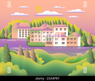 Landschaft Dorf, Hügel, Bäume, Fluss, See, Wald. Ländliche Tal Bauernhof Landschaft mit Haus, Bauernhof, Gebäude in flachem Design. Grün-rosa Farbverlauf. Cartoon Hintergrund Vektor Illustration Stock Vektor