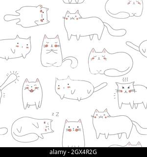 Nahtloses Muster mit niedlichen bunten Kätzchen. Kreative kindliche dicke Katzen Textur. Ideal für Stoff, Textil Vektor Illustration mit verschiedenen Emotionen Stock Vektor