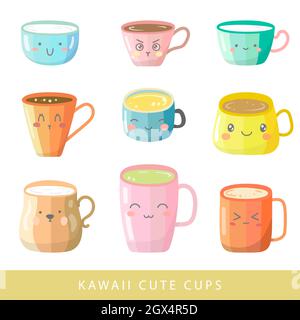 Vektor-Set von kawaii hell bunten niedlichen Charakteren Tassen mit verschiedenen Emotionen. Tassen mit Tee, Kaffee, Matcha, Milch mit schönen lockigen Strudel smok Stock Vektor