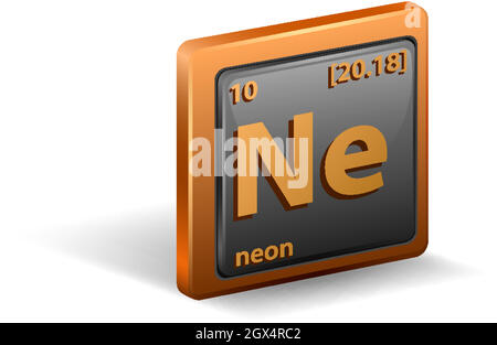 Neonfarbenes chemisches Element. Chemisches Symbol mit Ordnungszahl und atomarer Masse. Stock Vektor