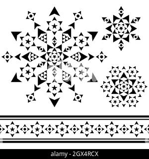 Weihnachtliche geometrische Schneeflocke oder Sterne Design Set, Winterdekoration grafische Elemente in schwarz auf weißem Hintergrund Stock Vektor