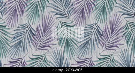 Tropisch-exotisches Nahtloses Muster mit grünen und violetten Palmblättern. Handgezeichnete Vintage-Illustration, Hintergrund und Textur. Gut für Tapeten Stockfoto