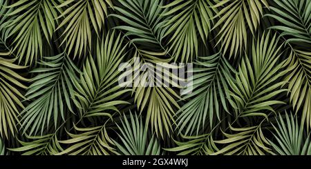Tropisches, exotisches Nahtloses Muster mit farbigen Palmblättern auf dunklem Hintergrund. Handgezeichnete Vintage-Illustration und -Textur. Gut für Tapeten, Wandbilder Stockfoto