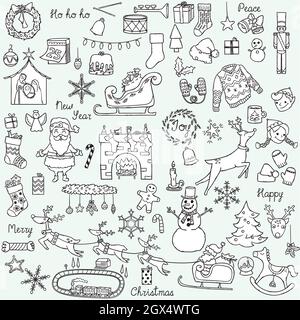 Handgezeichnete Weihnachtskritzeleien. Weihnachtskuchen, Geschenke, Baum, Weihnachtsmann, Rentiere, Elf, Ornament, Kamin. Winter-Neujahrsparty. Schwarz und Weiß. Stock Vektor