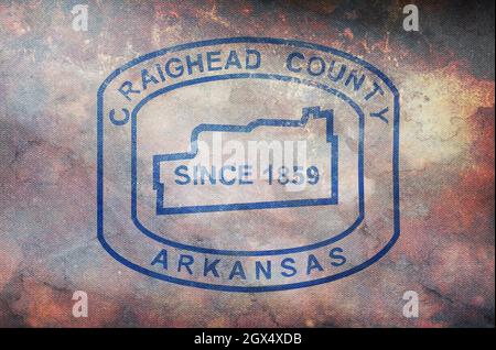 Draufsicht auf den Retro County Craighead, Arkansas Flagge mit Grunge Textur, USA, kein Fahnenmast. Layout der Ebenenkonstruktion. Hintergrund markieren Stockfoto
