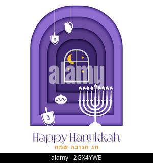 Happy Hanukkah, Jüdisches Festival der Lichter Papierschnitt-Grußkarte mit Chanukka-Symbolen Dreidels, Kreide, hebräische Buchstaben, Menorah-Kerzen, Öl j Stock Vektor