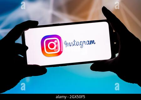 Polen. September 2021. In dieser Abbildung ist ein Instagram-Logo zu sehen, das auf einem Smartphone angezeigt wird. (Bild: © Mateusz Slodkowski/SOPA Images via ZUMA Press Wire) Stockfoto