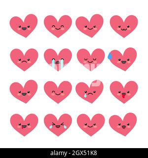 Set mit niedlichen Herz-Emoticons. Verschiedene Emotionen des Charakters. Kollektionen Avatar-Symbole für Valentins. Vektorgrafik. Stock Vektor