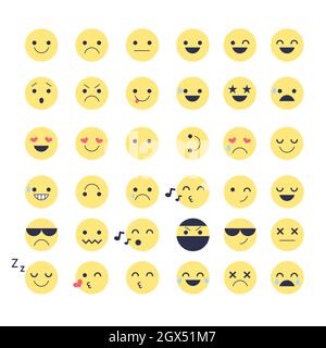 Emotionssymbole für Anwendungen und Chat festlegen. Emoticons mit verschiedenen Emotionen isoliert auf weißem Hintergrund. Stock Vektor