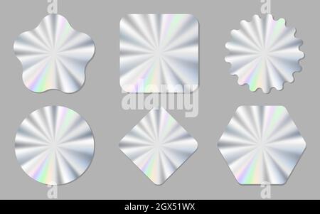 Set von trendigen holographischen farbigen Sticker und Abziehbilder in verschiedenen Formen, Vektor-Illustration. EPS 10 Stock Vektor