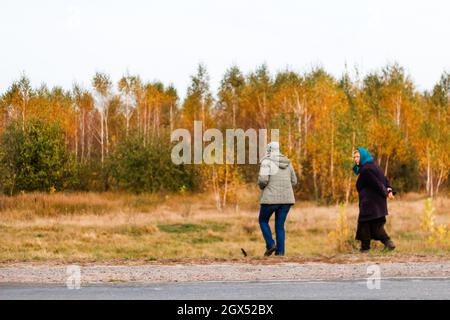 Unschärfe-Effekte von zwei Frauen bei einem Spaziergang in der herbstlichen Natur. Zwei Frauen, die im Herbstwald entlang der Straße spazieren. Rückansicht. Nicht fokussiert. Stockfoto