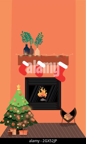 Silvester-Interieur. Geschmückter Weihnachtsbaum in der Nähe des Kamins. Stock Vektor