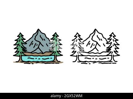 Linie Kunst Illustration Zeichnung von Berg-und Kiefernbaum-Design Stock Vektor