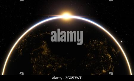 Silhouette des Planeten Erde vor dem Hintergrund von Sternen und Milchstraßengalaxie. Planet Erde von der Sonne beleuchtet, Blauer Planet Erde im Weltraum Stockfoto