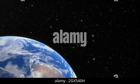 Silhouette des Planeten Erde vor dem Hintergrund von Sternen und Milchstraßengalaxie. Planet Erde von der Sonne beleuchtet, Blauer Planet Erde im Weltraum Stockfoto
