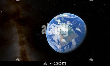 Silhouette des Planeten Erde vor dem Hintergrund von Sternen und Milchstraßengalaxie. Planet Erde von der Sonne beleuchtet, Blauer Planet Erde im Weltraum Stockfoto