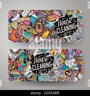 Cartoon niedliche Kritzeleien Reinigung horizontale Banner Set Stock Vektor