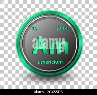 Amerikanisches chemisches Element. Chemisches Symbol mit Ordnungszahl und atomarer Masse. Stock Vektor