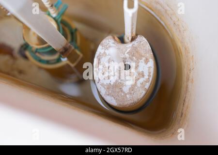 Austausch von Teilen des Toilettentanks. Ein Mann in orangefarbenen Handschuhen repariert den Abfluss des Toilettenbehälters Stockfoto