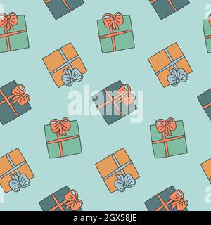 Geschenkbox mit Geschenk Pastellfarbe, nahtlose Muster Vektor Hand Zeichnung Illustration Stock Vektor