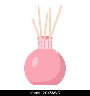 Diffusor für ätherisches Öl. Duftstäbchen aus Holz in der Flasche für einen Schönheitsduft. Aromatherapie, Spa und Relax-Konzept. Zartes Accessoire für gemütliches Zuhause. Drucken Stock Vektor