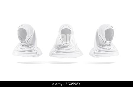 Blank weißes weibliches al-amira-Modell, Vorder- und Seitenansicht, 3d-Rendering. Leere muslimische Burka oder traditionelle Khimar-Modelle, isoliert. Klare Baumwolle Stockfoto