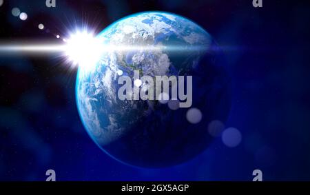 Erde - Blick aus dem All auf Nord-, Süd- und Mittelamerika, Sonneneinstrahlung. Elemente dieses Bildes, die von der NASA eingerichtet wurden - 3D-Illustration Stockfoto