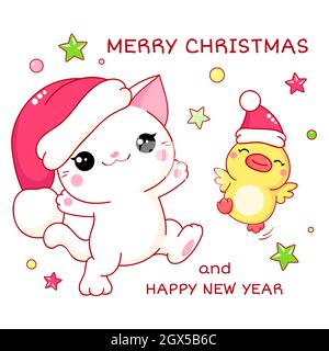 Quadratische Grußkarte mit Kawaii-Katze und Entenküchen. Zwei nette Freunde Kätzchen und Ente in Weihnachtsmützen. Inschrift Frohe Weihnachten und Frohe Neues Stock Vektor