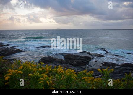 Ozeanwellen stürzen in die felsige Küstenlinie bei Jamestown, Rhode Island -05 Stockfoto
