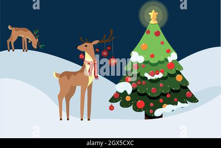 Schöne und niedliche zwei Weihnachten stilisierte Hirsche. Cartoon-Reh. Wunderschön dekorierter Weihnachtsbaum. Stock Vektor