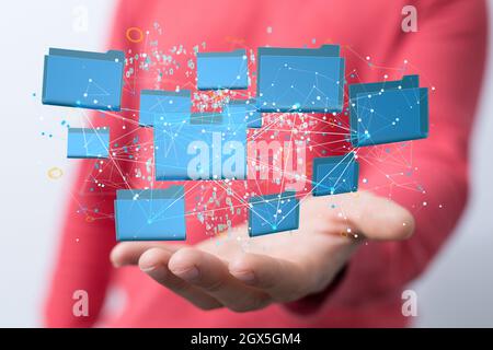 Person, die eine virtuelle 3D-gerenderte Projektion der Daten-Cloud präsentiert Stockfoto