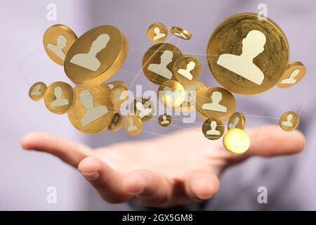 Person, die eine virtuelle 3D-gerenderte Projektion des Netzwerkkonzepts präsentiert Stockfoto